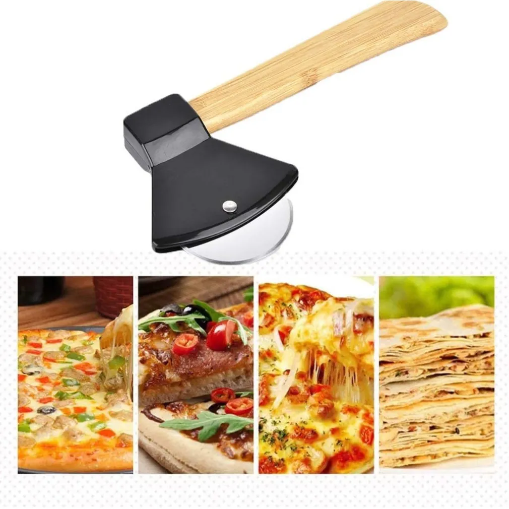 TAGLIAPIZZA ROTELLA TAGLIERINA ACCIAIO LEGNO RULLO CUCINA FORMA ASCIA 21CM 50860