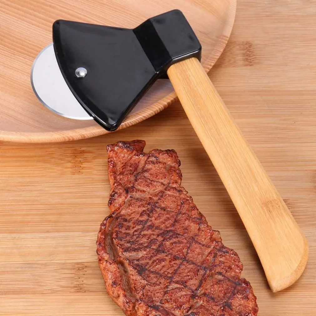 TAGLIAPIZZA ROTELLA TAGLIERINA ACCIAIO LEGNO RULLO CUCINA FORMA ASCIA 21CM 50860