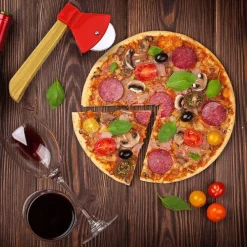 TAGLIAPIZZA ROTELLA TAGLIERINA ACCIAIO LEGNO RULLO CUCINA FORMA ASCIA 21CM 50860