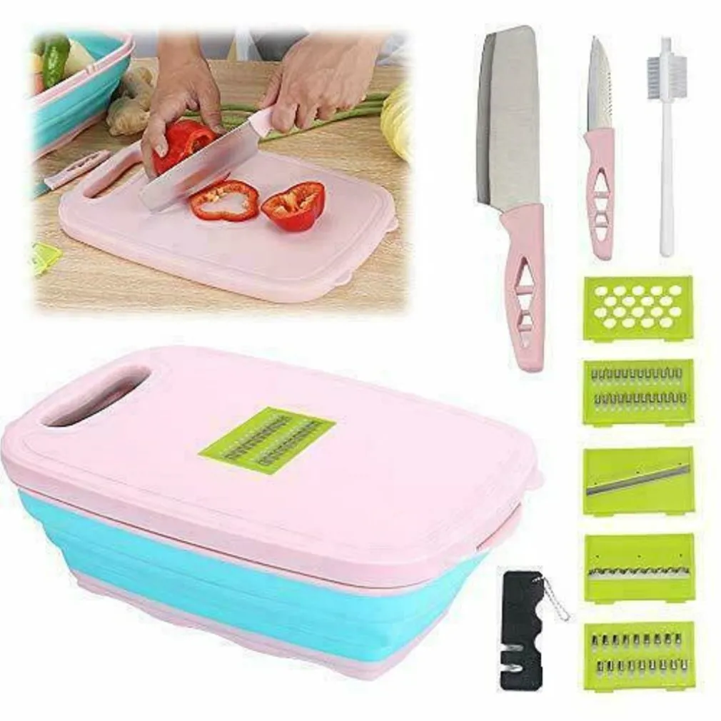 TAGLIERE MULTIFUNZIONE 9 IN 1 PIEGHEVOLE AFFETTA VERDURE COLTELLI CUCINA