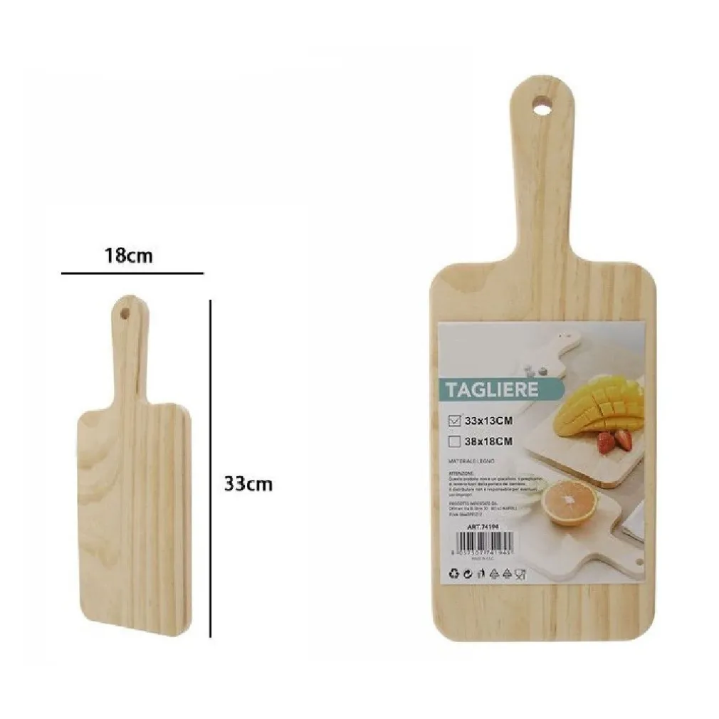 TAGLIERE RETTENGOLARE IN LEGNO AFFETTA PANE SALUMI CARNE CON MANICO 33X18CM 74194