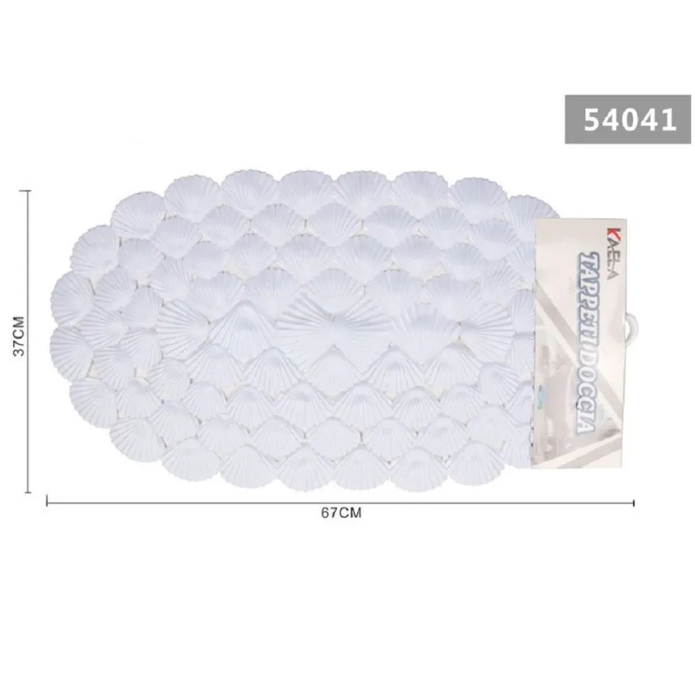 TAPPETO ANTISCIVOLO OVALE CON CONCHIGLIE BIANCO VASCA BAGNO DOCCIA 67X37CM 54041