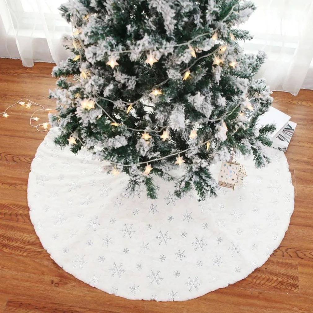 TAPPETO GONNA COPERTURA BASE ALBERO DI NATALE 80CM PELUCHE FIOCCO DI NEVE SILVER