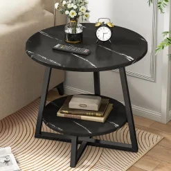 TAVOLINO PORTAOGGETTI A 2 LIVELLI ROTONDO FINITURA IN MARMO BASE CRUCIFORME MODERNO