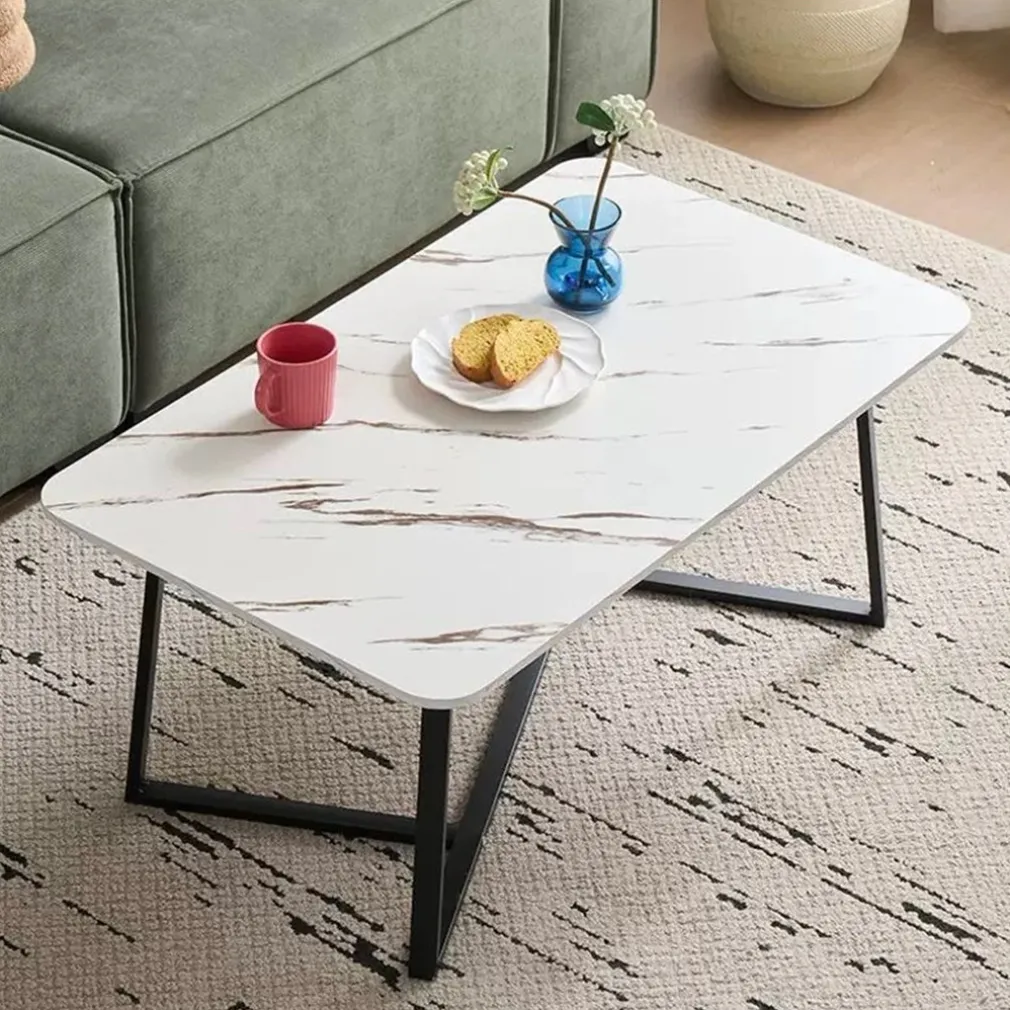 TAVOLINO RETTANGOLARE BASSO CON PIANO EFFETTO MARMO GAMBE INCROCIATE PER SOGGIORNO SALOTTO