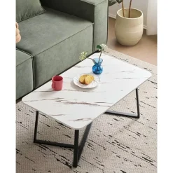 TAVOLINO RETTANGOLARE BASSO CON PIANO EFFETTO MARMO GAMBE INCROCIATE PER SOGGIORNO SALOTTO