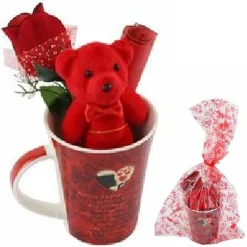 TAZZA CON PELUCHE ORSETTO ROSSO REGALO SAN VALENTINO CON FIORE CONFEZIONE 63297