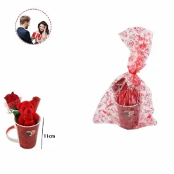 TAZZA CON PELUCHE ORSETTO ROSSO REGALO SAN VALENTINO CON FIORE CONFEZIONE 63297