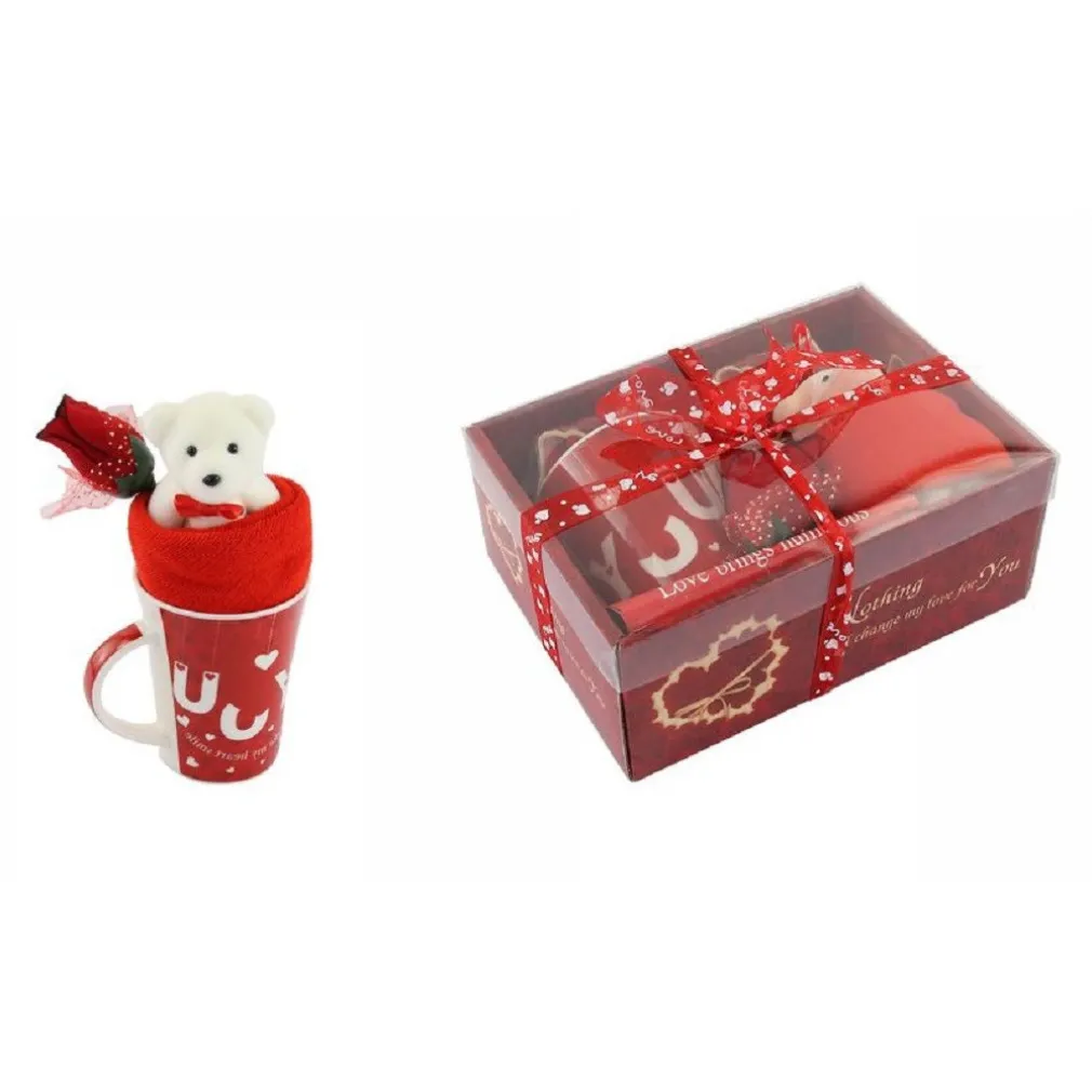 TAZZA ORSETTO BIANCO IN PELUCHE FIORE CONFEZIONE REGALO PER SAN VALENTINO 63298