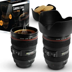 TAZZA PER BEVANDE A FORMA DI OBIETTIVO DI MACCHINA FOTOGRAFICA CON COPERCHIO