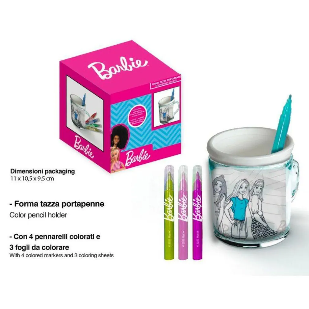 TAZZA PORTAPENNE DA COLORARE BARBIE BICCHIERE PENNARELLI COLORI IDEA REGALO