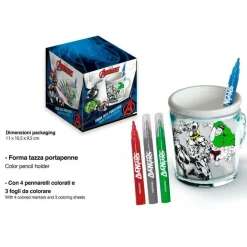 TAZZA PORTAPENNE DA COLORARE AVENGERS MARVEL BICCHIERE PENNARELLI COLORI REGALO