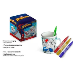 TAZZA PORTAPENNE DA COLORARE SPIDERMAN MARVEL BICCHIERE PENNARELLI COLORI REGALO