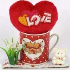 TAZZINA CON CUORE LOVE PELUCHE IDEA REGALO SAN VALENTINO 10.5X11X5CM CONFEZIONE