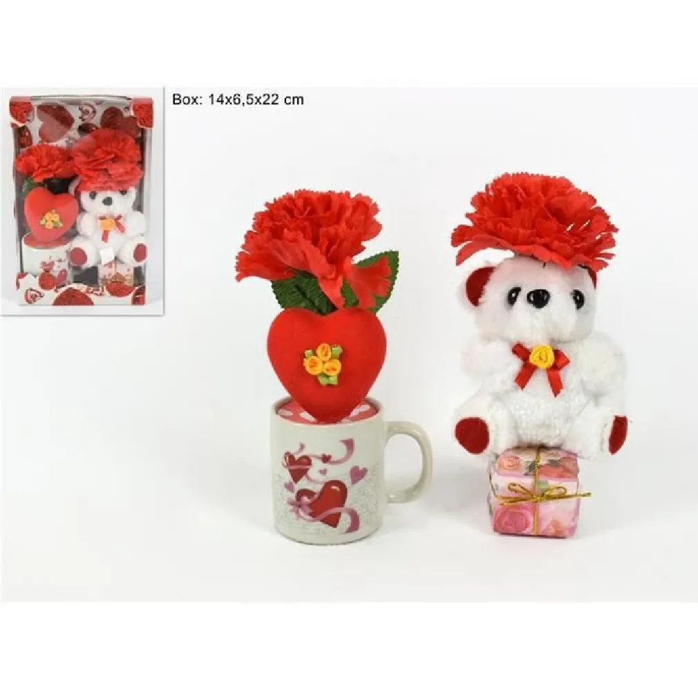 TAZZINA CON PELUCHE ORSETTO IDEA REGALO SAN VALENTINO CON FIORI CUORE CONFEZIONE