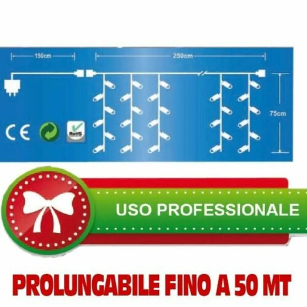TENDA CASCATA LUMINOSA BIANCO CALDO 250 X 75 CM PROLUNGABILE FINO A 50MT 126 LED