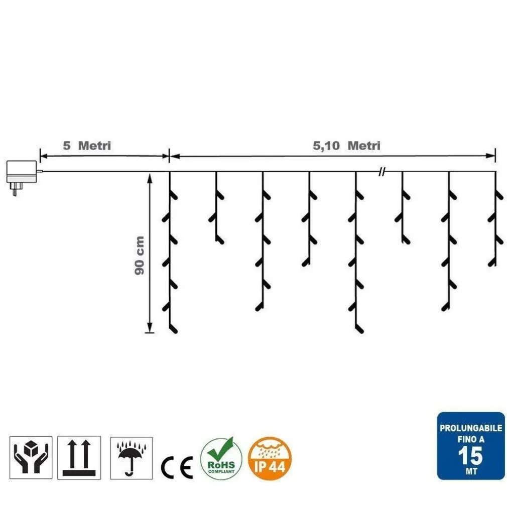 TENDA CASCATA LUMINOSA BIANCO CALDO 510X90CM ESTERNO PROLUNGABILE A 15MT 189LED