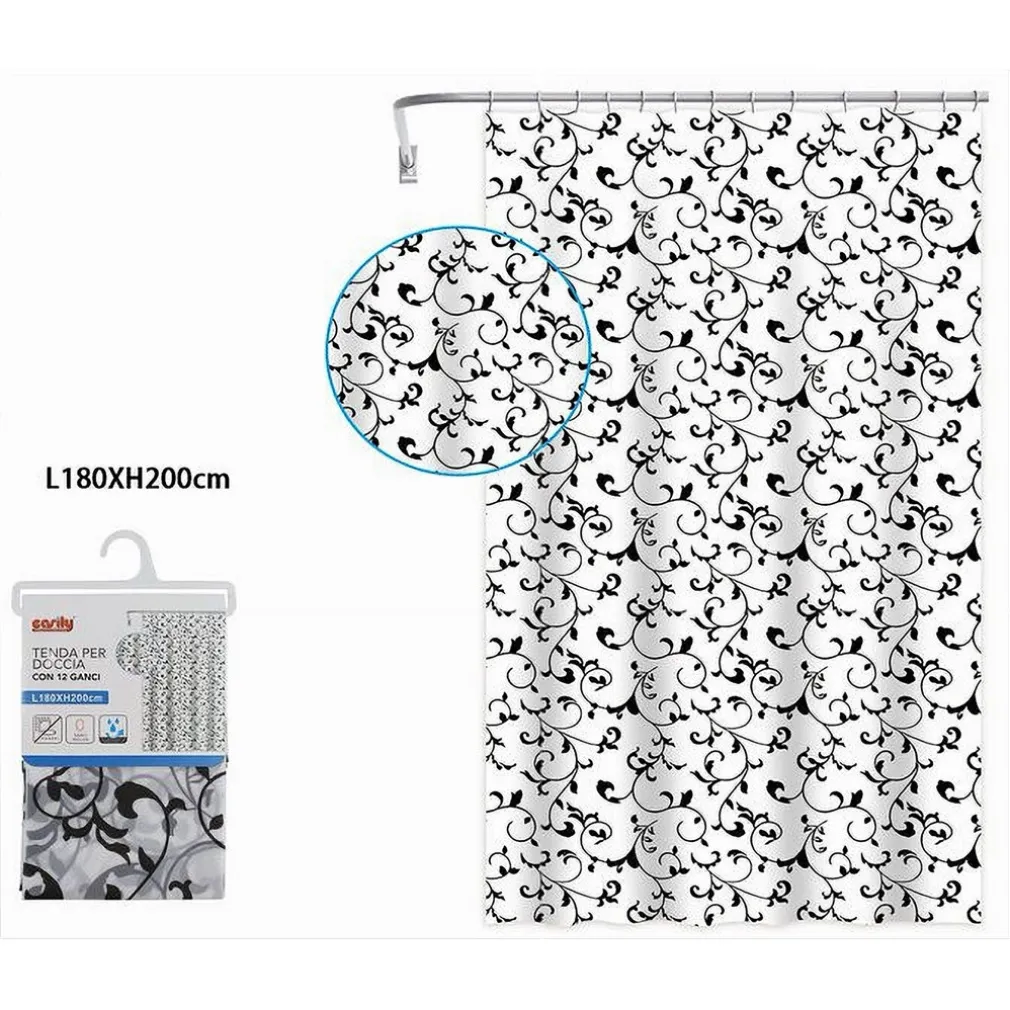 TENDA DA DOCCIA VASCA BAGNO 12 GANCI MOTIVO FLOREALE BIANCO NERO 180X200CM 87567