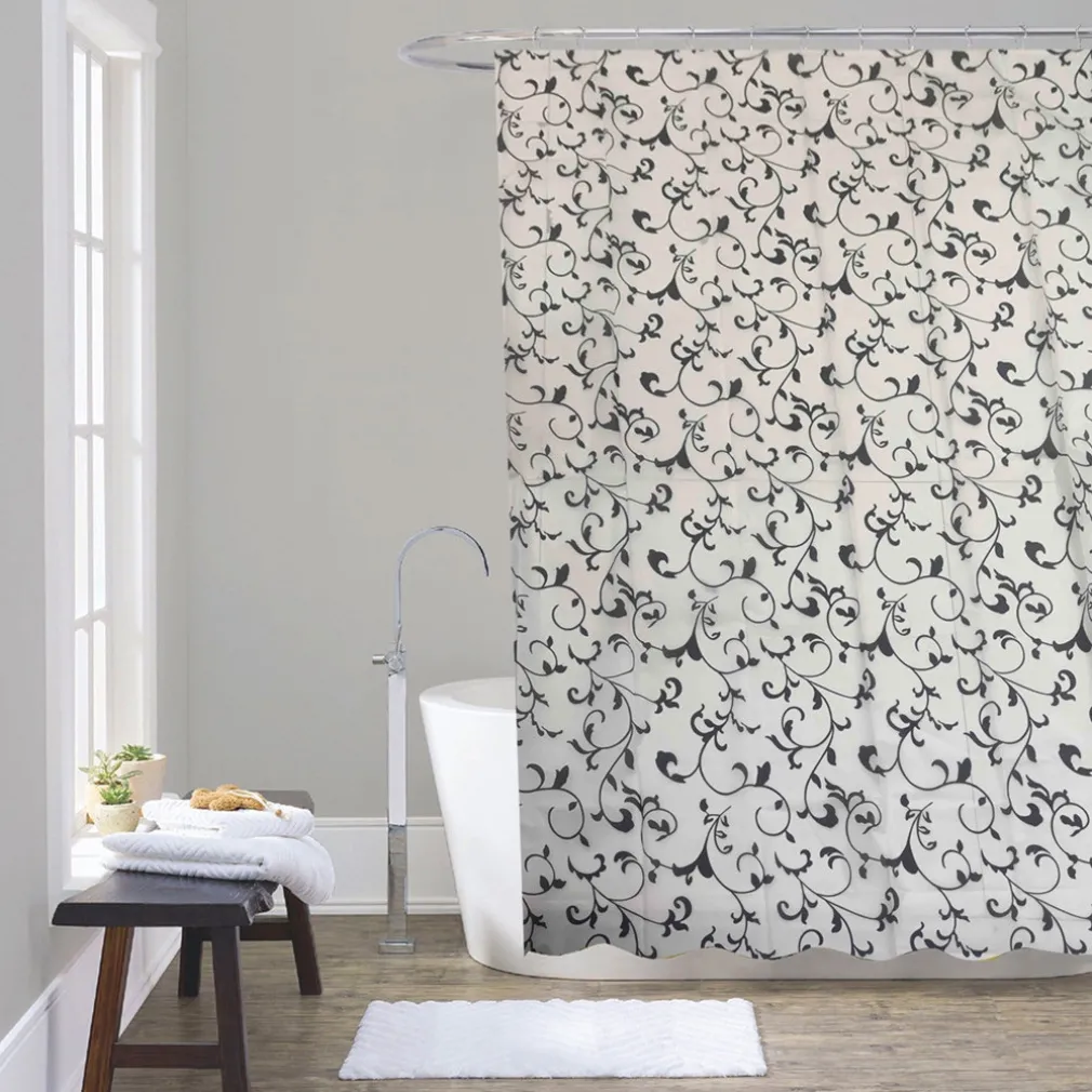 TENDA DA DOCCIA VASCA BAGNO 12 GANCI MOTIVO FLOREALE BIANCO NERO 180X200CM 87567