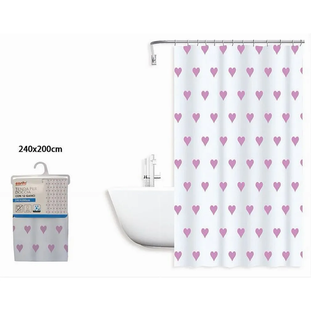 TENDA DA DOCCIA VASCA BAGNO IMPERMEABILE 12 GANCI CON CUORI ROSA 240X200CM 87092