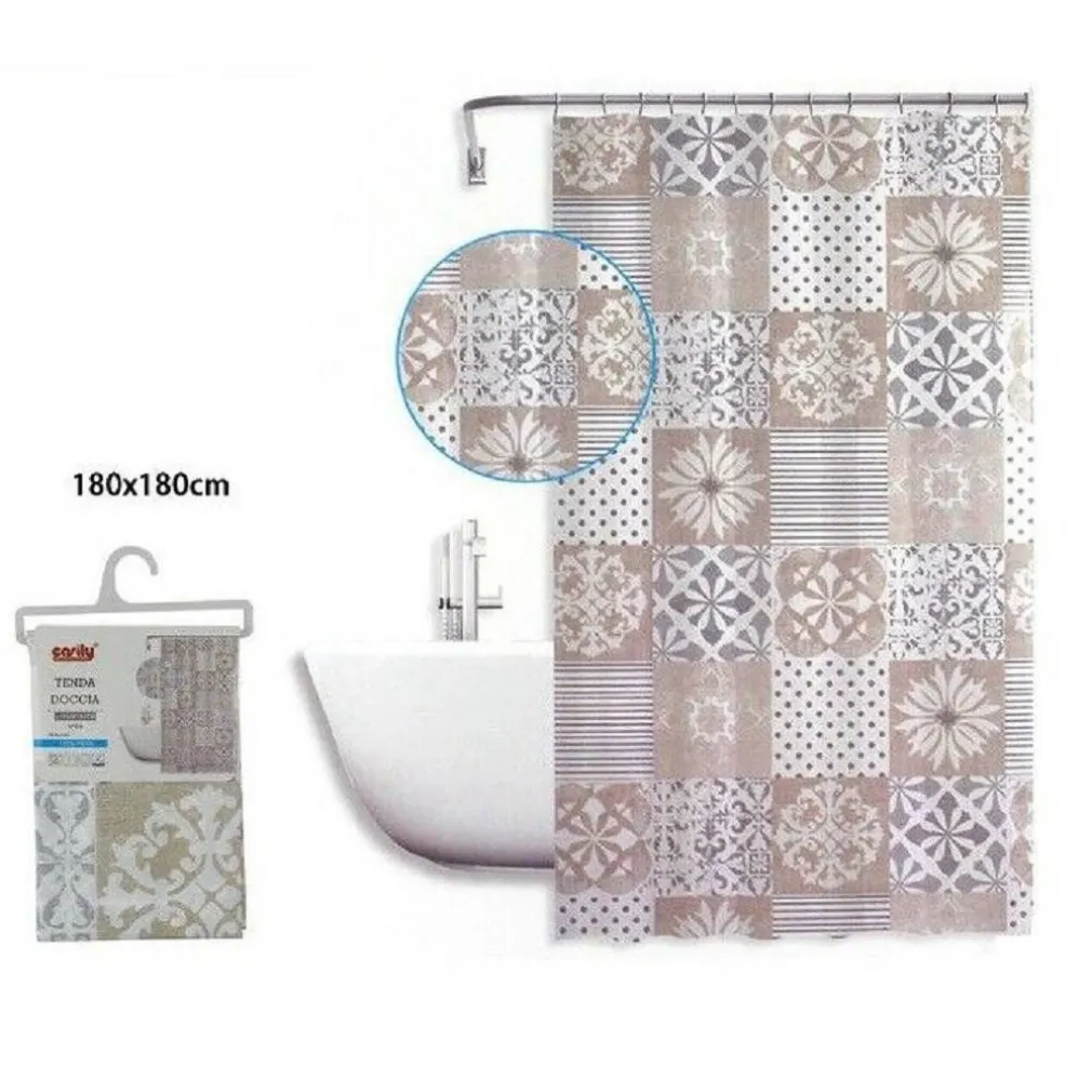 TENDA DOCCIA ANTIMUFFA IMPERMEABILE 180X180CM ANELLI BAGNO MAIOLICHE BEIGE 59529