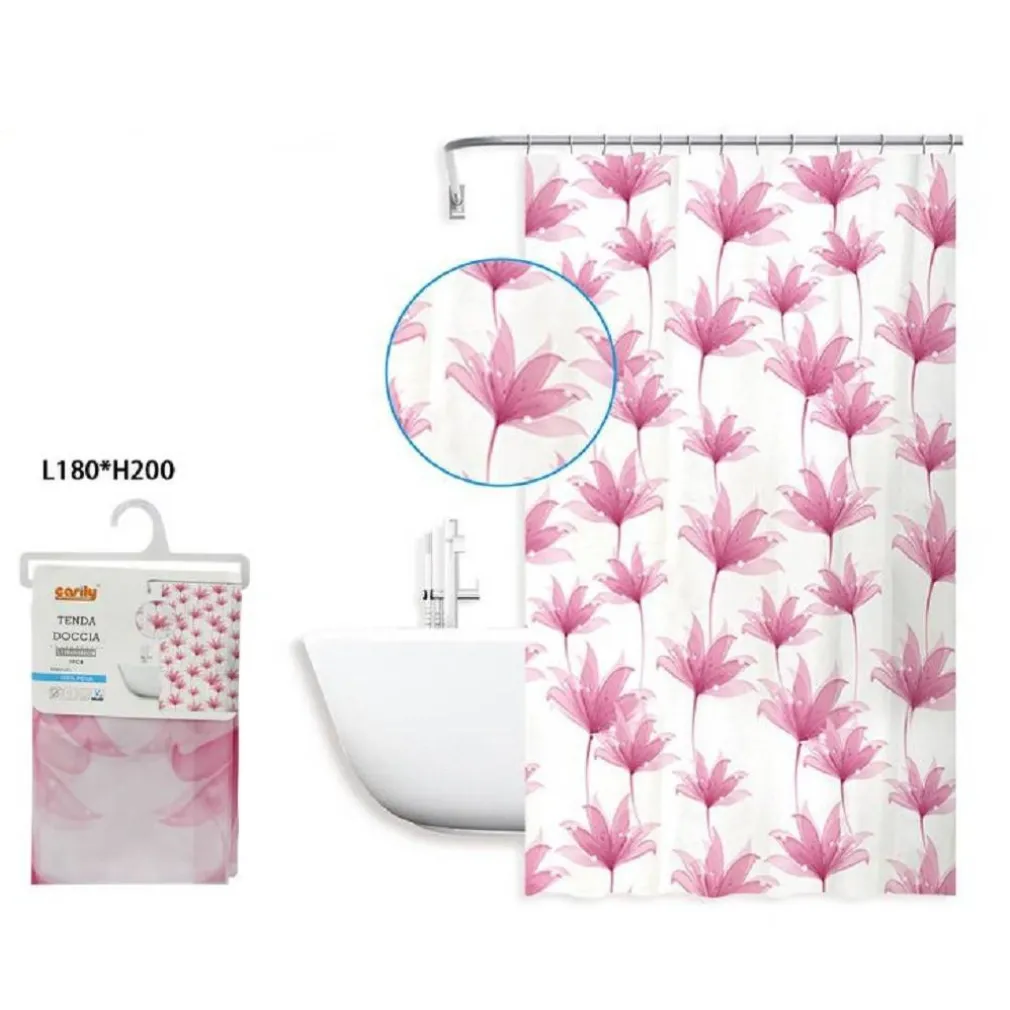 TENDA DOCCIA ANTIMUFFA IMPERMEABILE 180X200 CM CON ANELLI BAGNO FIORI ROSA 59803