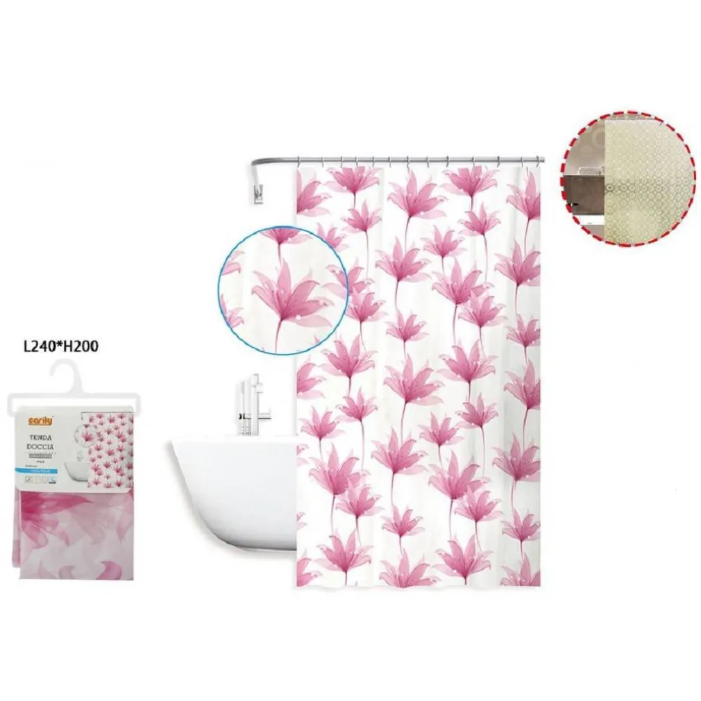 TENDA DOCCIA ANTIMUFFA IMPERMEABILE 240X200 CM CON ANELLI BAGNO FIORI ROSA 59804