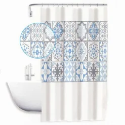 TENDA DOCCIA ANTIMUFFA IMPERMEABILE 180X180CM CON ANELLI MAIOLICHE AZZURRI 59530