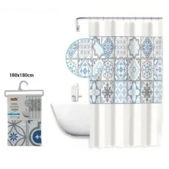 TENDA DOCCIA ANTIMUFFA IMPERMEABILE 180X180CM CON ANELLI MAIOLICHE AZZURRI 59530