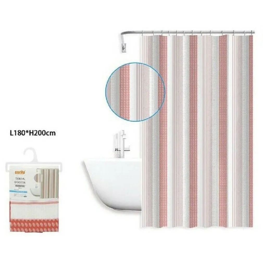 TENDA DOCCIA ANTIMUFFA RIGHE ROSA IMPERMEABILE 180X200 CM CON ANELLI BAGNO 59813