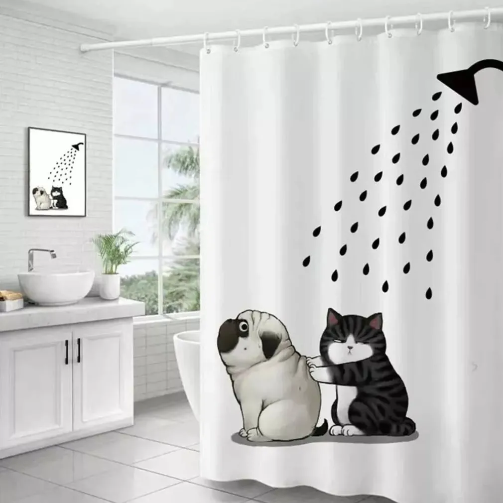 TENDA DOCCIA IMPERMEABILE 180X200 CM CON 12 ANELLI VASCA BAGNO CANE GATTO 87093