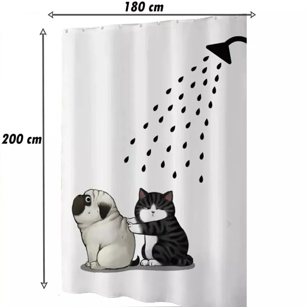 TENDA DOCCIA IMPERMEABILE 180X200 CM CON 12 ANELLI VASCA BAGNO CANE GATTO 87093