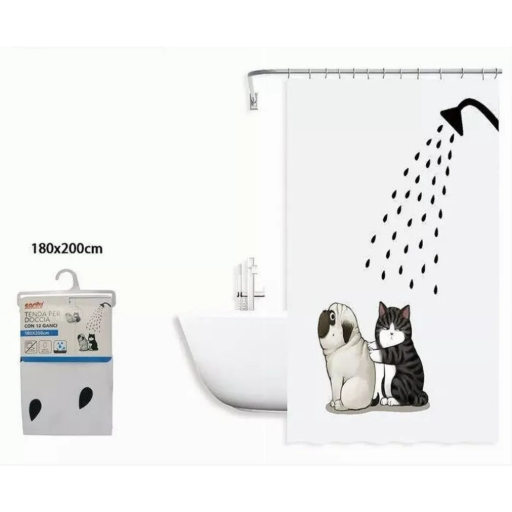 TENDA DOCCIA IMPERMEABILE 180X200 CM CON 12 ANELLI VASCA BAGNO CANE GATTO 87093