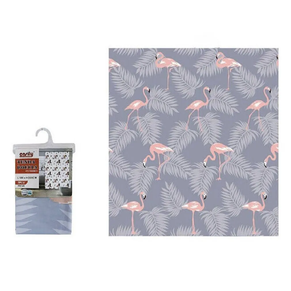 TENDA DOCCIA IMPERMEABILE TESSUTO PVC 12 GANCI IN PLASTICA FENICOTTERI 180X200CM