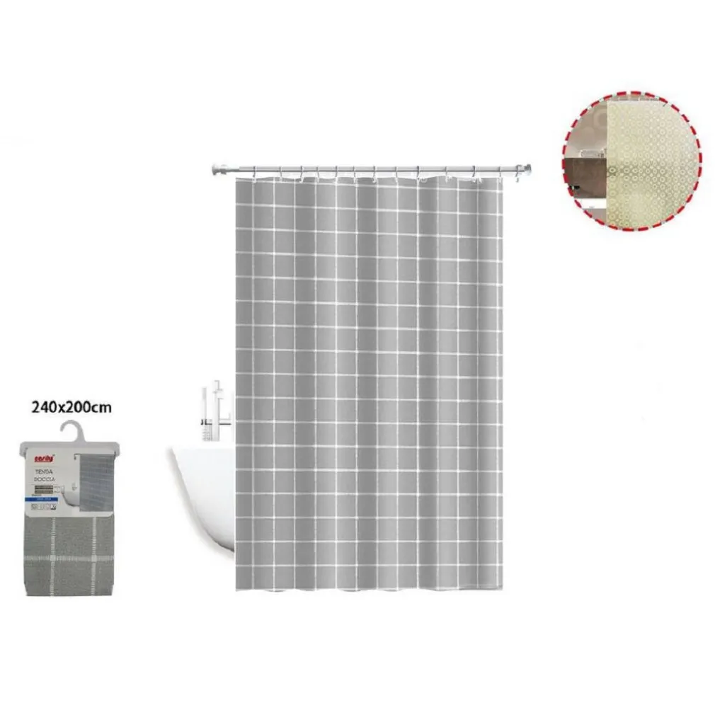 TENDA DOCCIA IMPERMEABILE TESSUTO PVC 12 GANCI PLASTICA QUADRI 240 X 200CM 52748