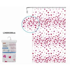 TENDA DOCCIA VASCA BAGNO 12 GANCI IMPERMEABILE CUORI ROSSI ROSA 240X200CM 87562