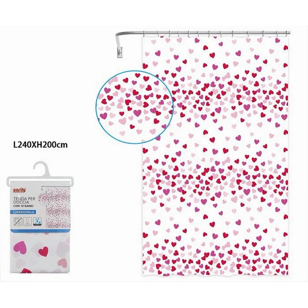 TENDA DOCCIA VASCA BAGNO 12 GANCI IMPERMEABILE CUORI ROSSI ROSA 240X200CM 87562