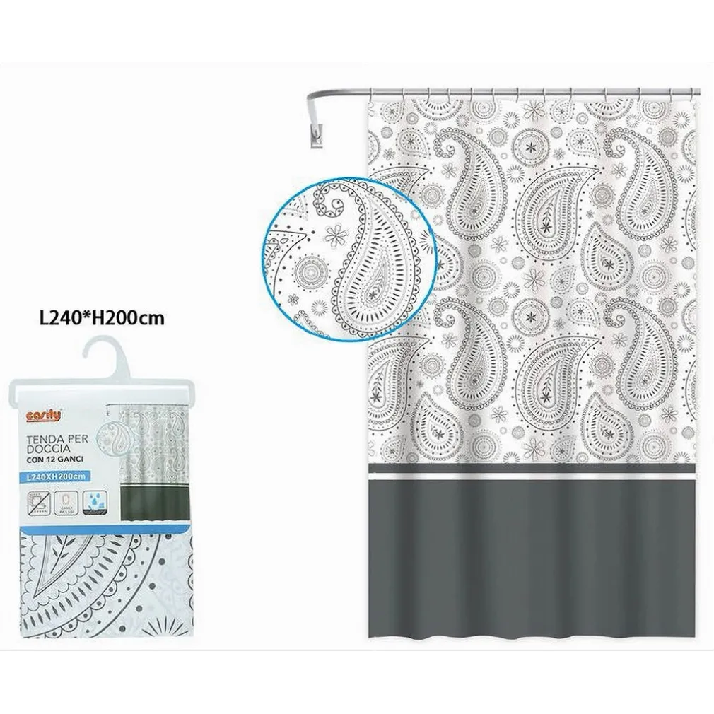 TENDA DOCCIA VASCA BAGNO 12 ANELLI 240X200CM MOTIVO PAISLEY ETNICO GRIGIO 87582