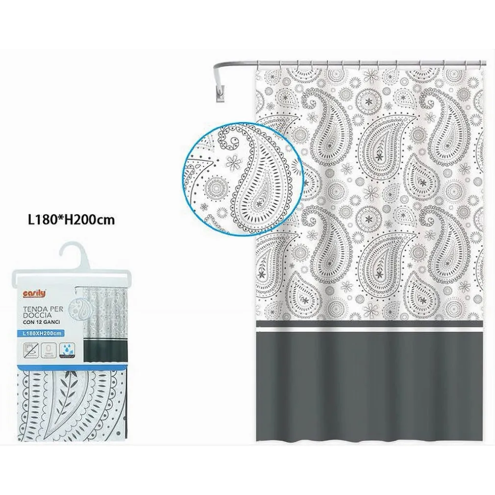 TENDA DOCCIA VASCA BAGNO 12 ANELLI 180X200 CM MOTIVO PAISLEY ETNICO GRIGIO 87581