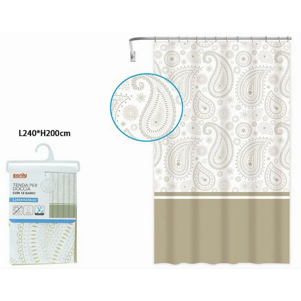TENDA DOCCIA VASCA BAGNO 12 ANELLI 240X200 CM MOTIVO PAISLEY ETNICO BEIGE 87584