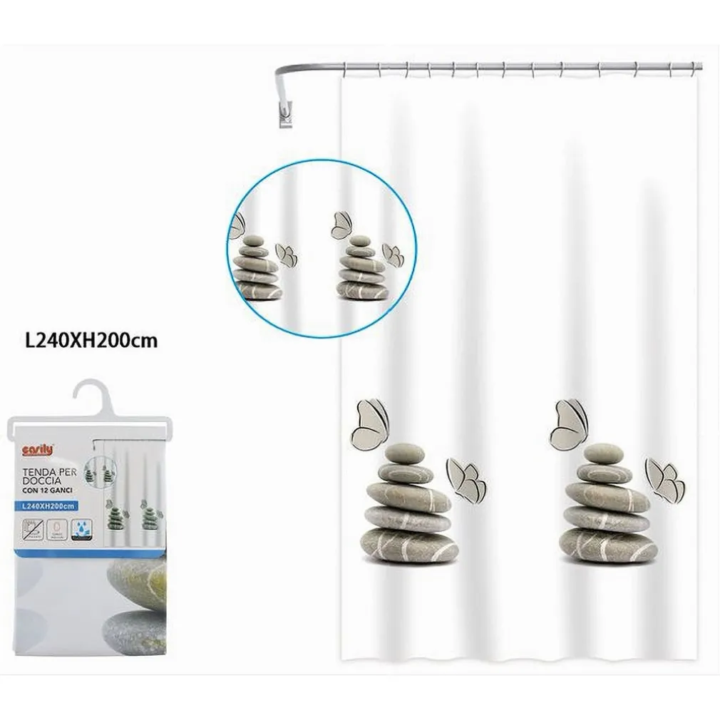 TENDA DOCCIA VASCA BAGNO IMPERMEABILE DECORATA SASSI SHABBY CHIC 240X200CM 87566
