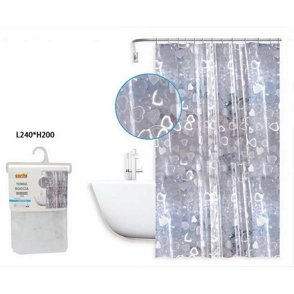 TENDA DOCCIA VASCA BAGNO IMPERMEABILE 12 GANCI EFFETTO 2D CUORI 240X200 CM 59810