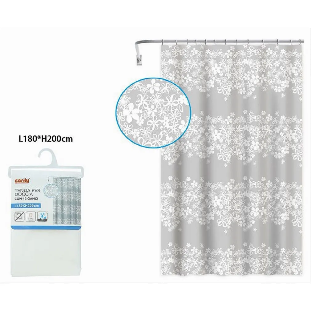 TENDA DOCCIA VASCA BAGNO 180X200CM IMPERMEABILE CON 12 ANELLI FIORE BIANCO 87579