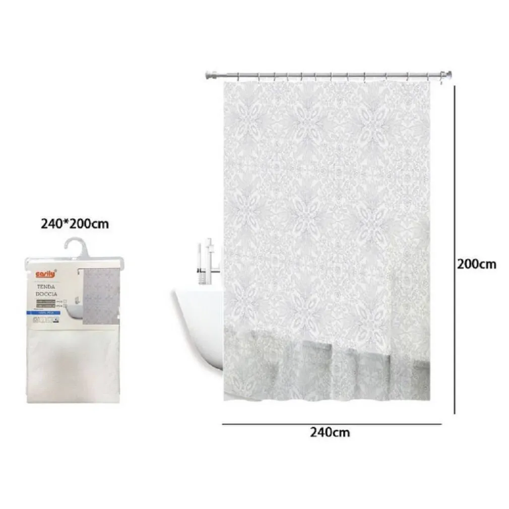 TENDA DOCCIA VASCA BIANCA IMPERMEABILE PVC 240 X 200CM DECORATA CON FOGLIE 69514