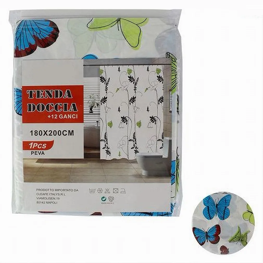 TENDA DOCCIA VASCA DA BAGNO PEVA 12 GANCI DECORATA CON FARFALLE 180X200CM 52146