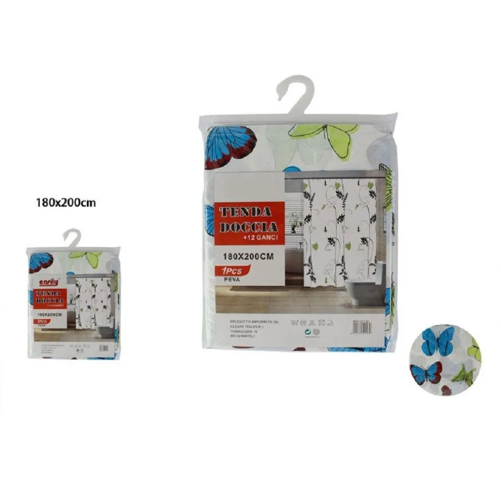 TENDA DOCCIA VASCA DA BAGNO PEVA 12 GANCI DECORATA CON FARFALLE 180X200CM 52146