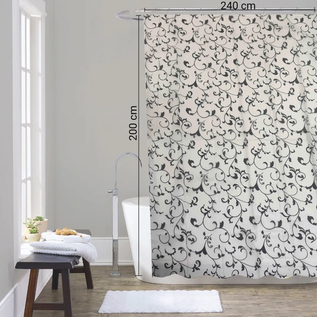 TENDA DOCCIA VASCA DA BAGNO 12 GANCI MOTIVO FLOREALE BIANCO NERO 240X200CM 87568