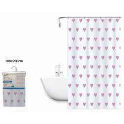TENDA DOCCIA VASCA DA BAGNO IMPERMEABILE 12 GANCI CON CUORI ROSA 180X200CM 87091