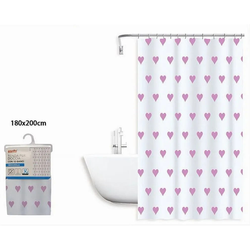 TENDA DOCCIA VASCA DA BAGNO IMPERMEABILE 12 GANCI CON CUORI ROSA 180X200CM 87091