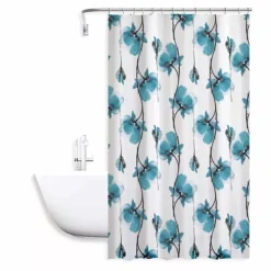 TENDA DOCCIA VASCA IMPERMEABILE 12 GANCI DECORAZIONE FIORI BLU 180X200 CM 79224